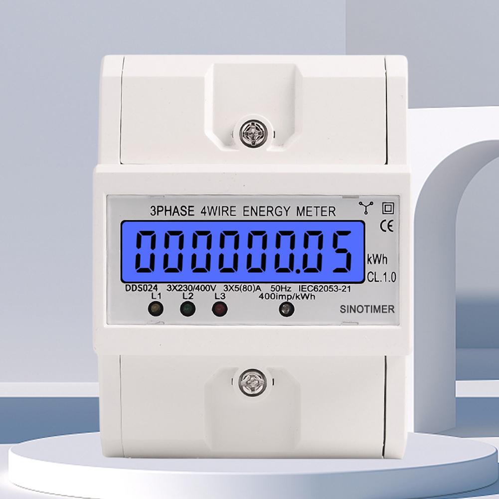 Energy Meter Three-Phase 4-Wire Electric Energy Meter LCD Digital Electricity Consumption Monitor DIN Rail 5-80A 400V for Indoor