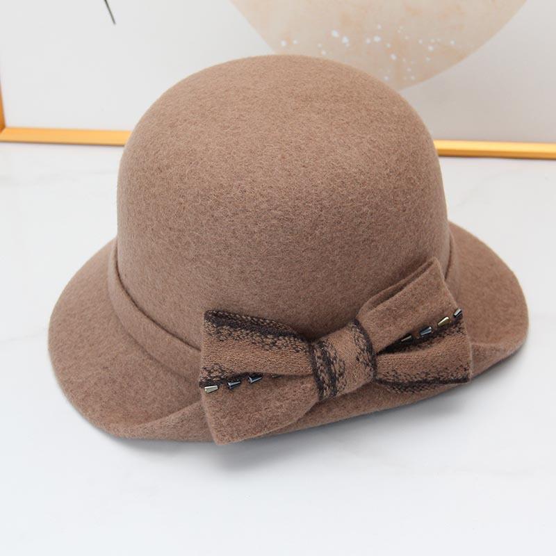 Autumn and winter hat women's thermal basin hat retro round top hat elegant bow fashion wool British fisherman hat