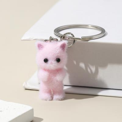 Cute 3D Flocking Kitten Small Bear Keychain Resin Cat Couple Mobile Phone Pendant Car Keyring Earphone Backpack Charms Bag Decor