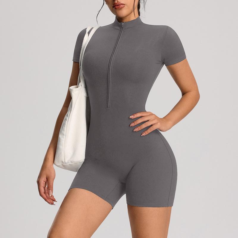 European Style Zipper Short-Sleeve Yoga Jumpsuit - Women's Tight-Fitting Running & Fitness One-Piece