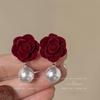 2024 D Retro Wine Red Velvet Rose Pearl Earrings: Hong Kong Style, Autumn/Winter Trend