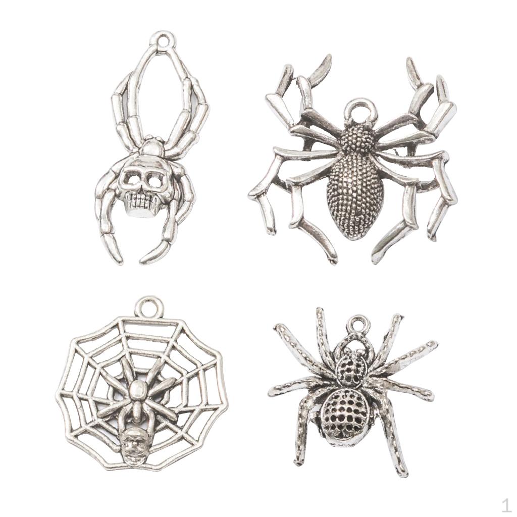 4 Styles Tibetan Silver Spider Jewelry Charms Making Pendant Necklace Bracelet DIY Halloween Craft