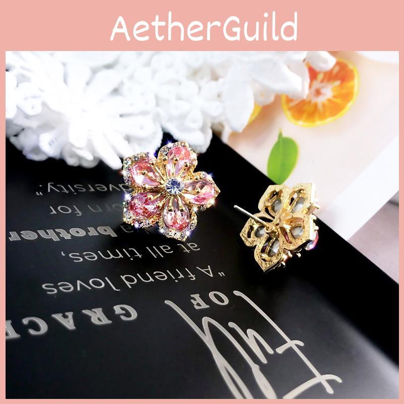 Flower Shaped Zircon Ear Studs With Silver Needle For Gift And Party Wear