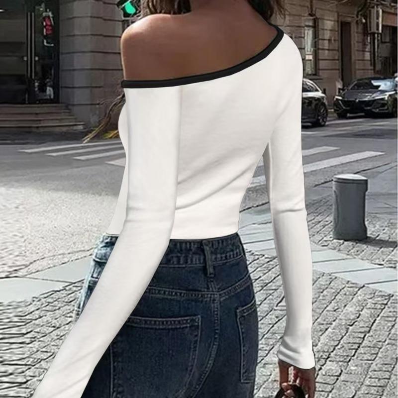 Spring New Skew Collar Long Sleeve Sexy T-shirt Women Fashion Slim Fit Off Shoulder Tops Casual Woman Tshirts Elegant Solid Street Y2K Tee Shirt 26473
