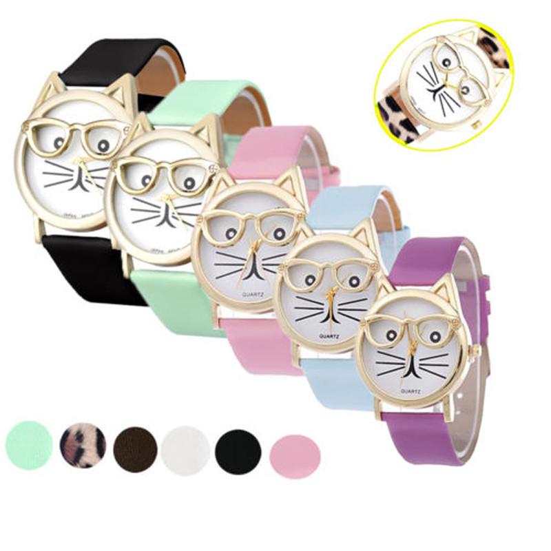 Cat Glasses Face Womens Watch Cartoon Solid Color No Word Gold Frame Daily Wear