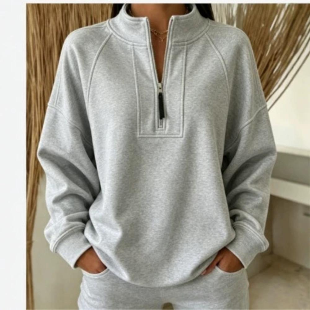 Damen Herbst und Winter Plus Samt Halber Reißverschluss Stehkragen Sweatshirt Raglanärmel Locker Lässig Pullover mit Taschen