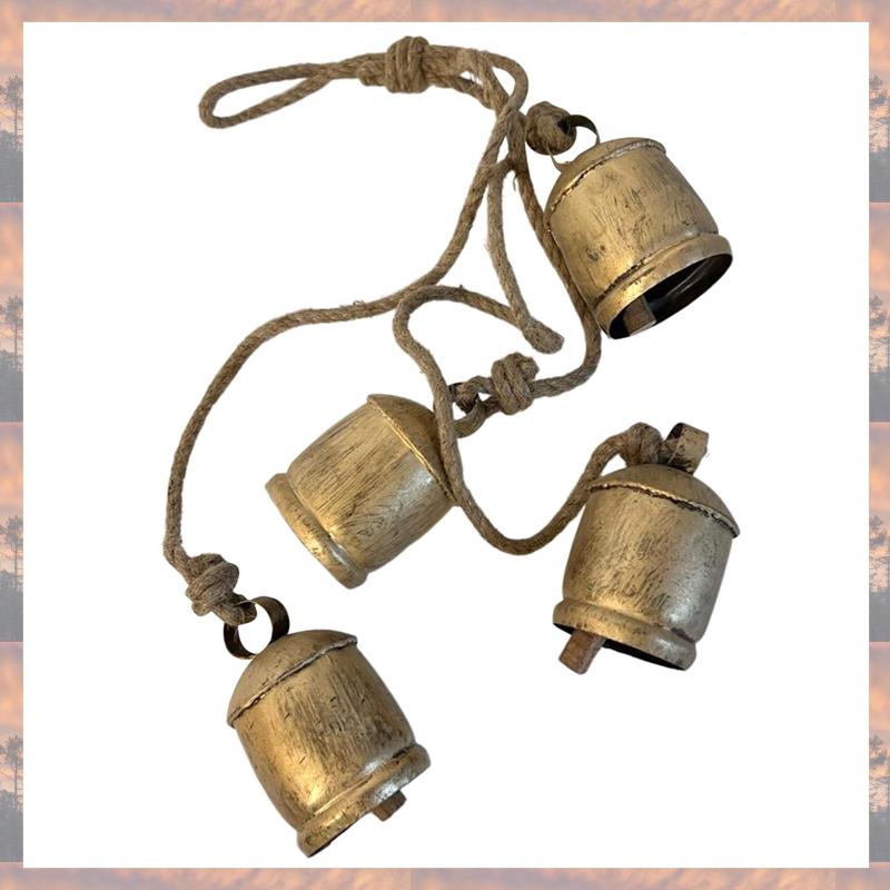 

2025 Trend 4PCS Cow Bells Cluster On Rope Large Rustic Vintage Lucky Cow Bells On Rope Wall Hanging Metal Cow Bells Set