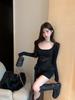 Sexy hot girl with a loose collarbone-length mesh little black dress with a slimming slimming and trendy hip-hugging dress