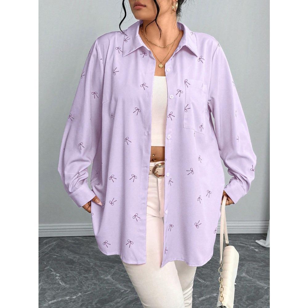 New Large-sized Women's Shirt Jacket Autumn Loose Bow Print Long-sleeved Casual Shirt