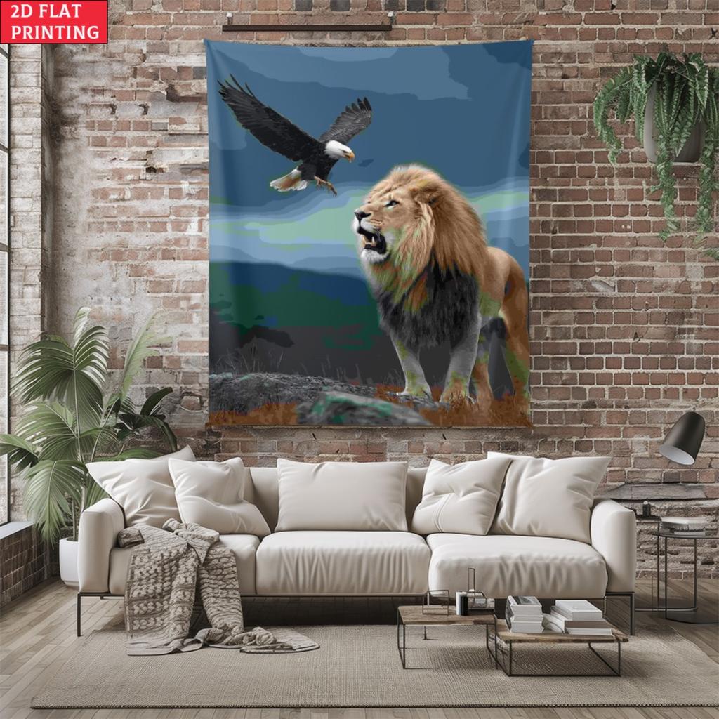 Lion and Eagle Tapestry Roaring Lion with Flying Bald Eagle Wall Hanging Wild Animal Room Decor suitable for use in offices bars