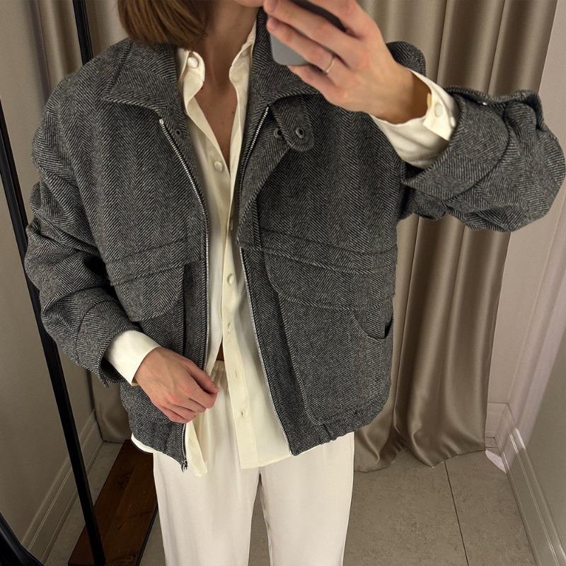 Women Loose Stand Collar Zipper Pocket Herringbone Long Sleeve Jacket Coat