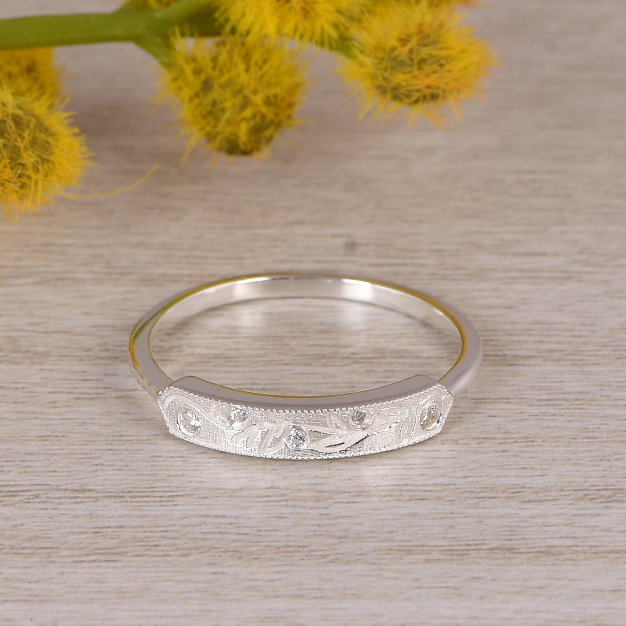 

Minimalist Silver Leaf Ring with Cubic Zirconia, Dainty Nature Inspired Band, CZ Stackable Ring, Everyday Jewelry, Gift for Her. 10