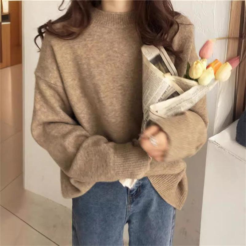 Retro Solid Color Hong Kong Flavor Round Neck Pullover Sweater Women's Autumn and Winter New Wear Loose Simple Knitted Sweater Top