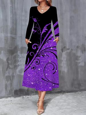 2025 Autumn and Winter New Women Casual Fashion Dress Autumn 3D Flower Print  Long Sleeve V-Neck A-Line Dresses