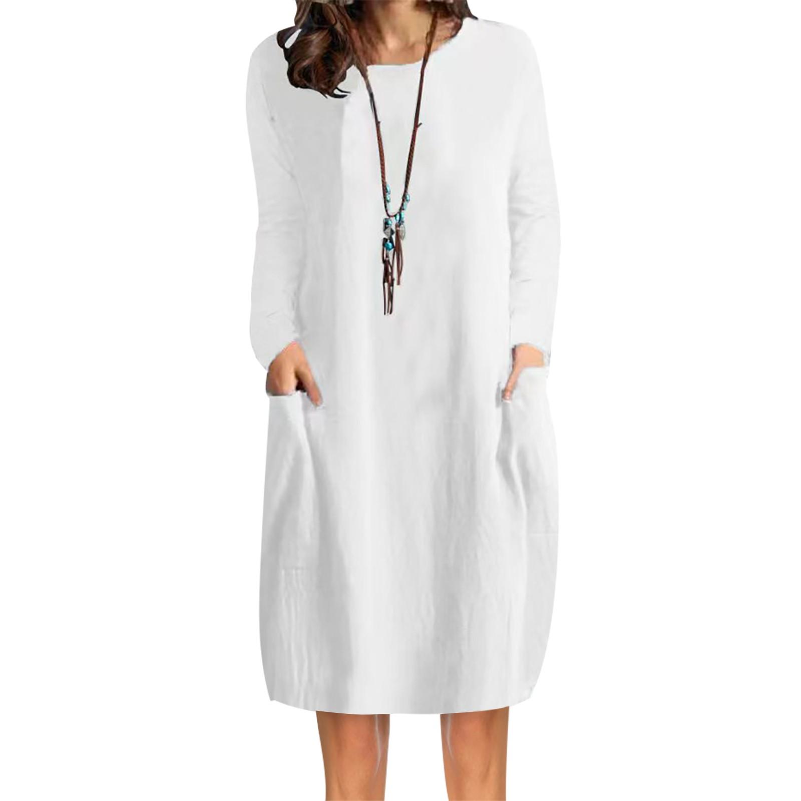 

Women s Cotton Linen Loose Casual Color Pocket Long Sleeve Dress M