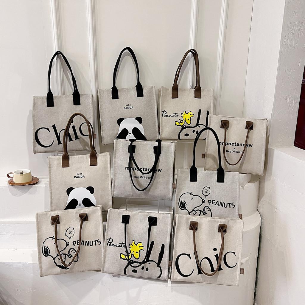 Large Capacity Panda Canvas Shoulder Bag Women Letter Cartoon Cute Tote Bag Street Fashion Shopping Bag
