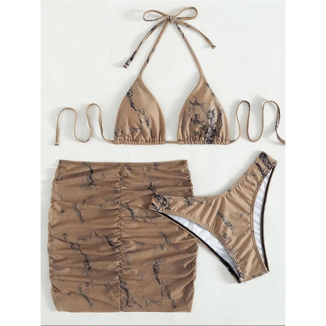 

4 цвета Tie Dye с юбкой Холтер бикини женский купальник женский купальник из трех частей комплект бикини купальный костюм для плавания S кофейный