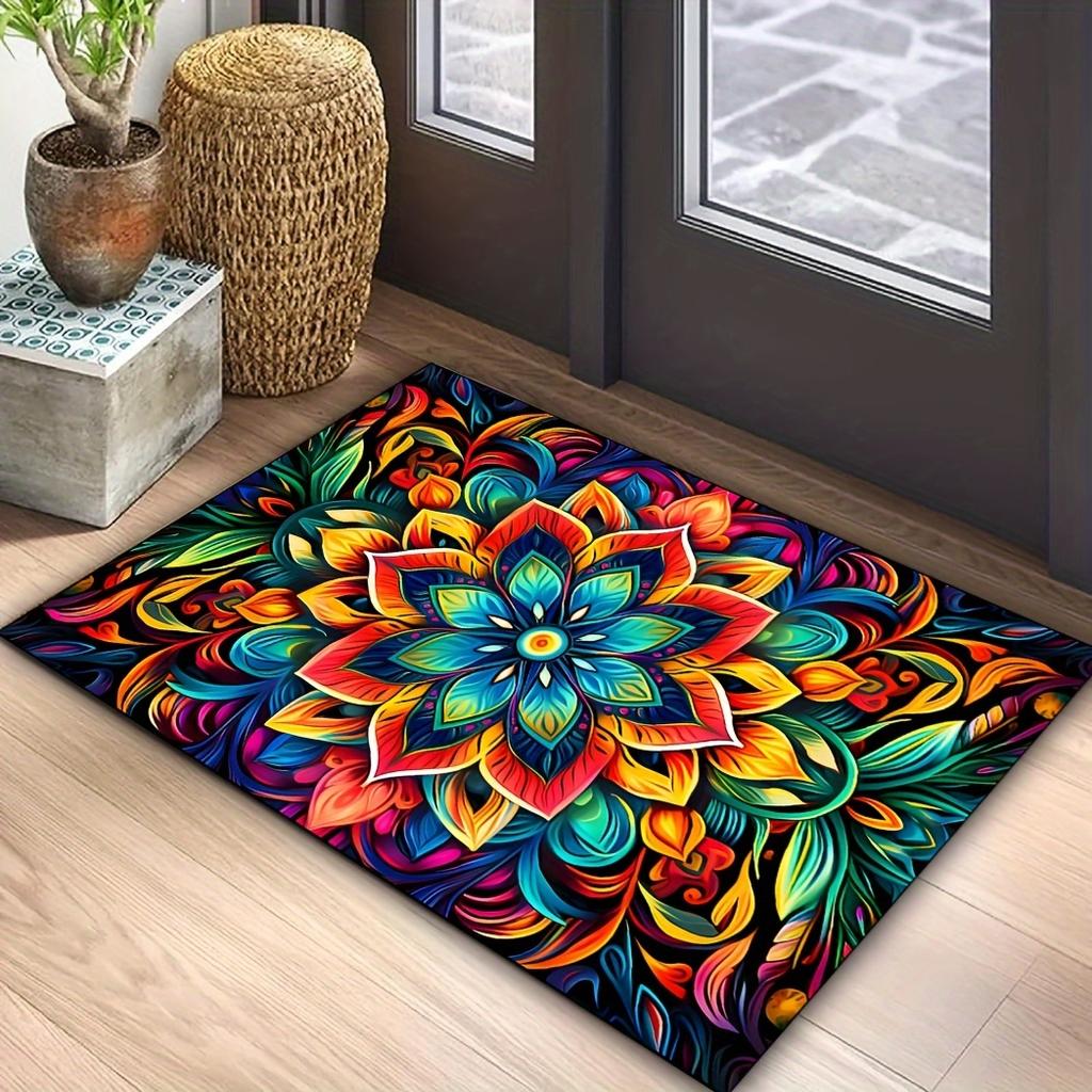 Vintage Mandala Flower Rug - Washable Polyester Indoor/Outdoor Mat, Non-Slip Bohemian Decor for Bedroom & Living Room