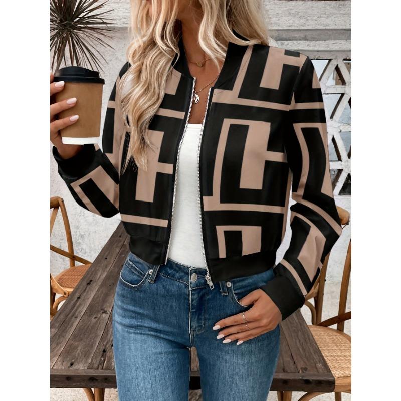 Damen Leichte Bomberjacke mit geometrischem Print und Reißverschluss - Lässige Langarmjacke, maschinenwaschbar