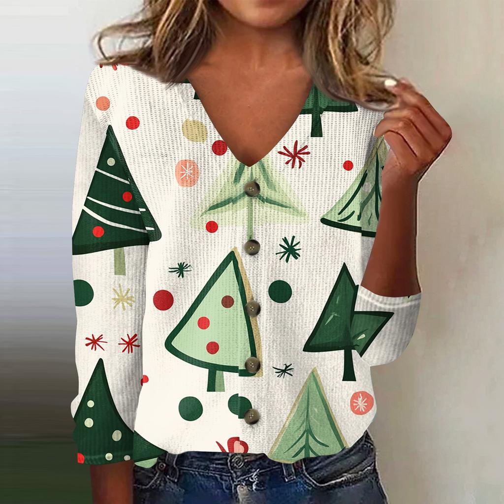 Women's Fashion Print Long Sleeve Knitted Cardigan Button Up Jacket