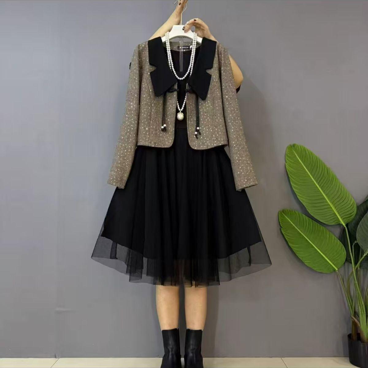 

Chic Sequined Blazer & Mesh Dress Set - Plus Size, Slimming & Flaw Concealing Women s Fashion for Early Spring 3XL (125-145 lbs)