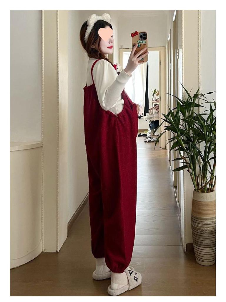 Adjustable Drawstring Maternity Overalls Set with Bubble Sleeve Top for Fall & Winter