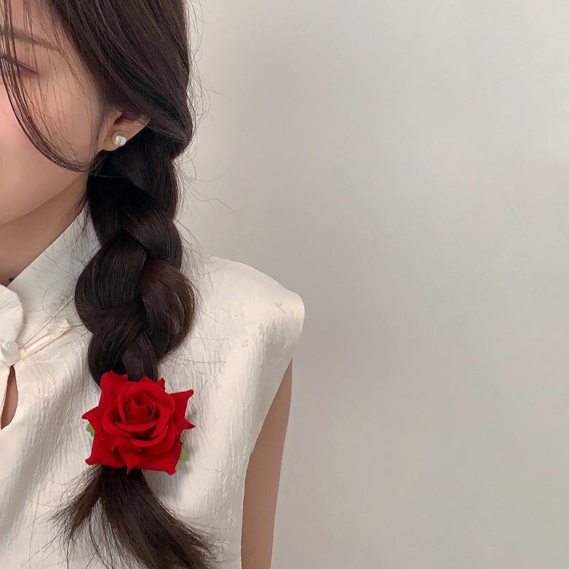 Fabric red rose atmosphere side hairpin Internet celebrity same photo ponytail duckbill clip small fresh and sweet hairpin