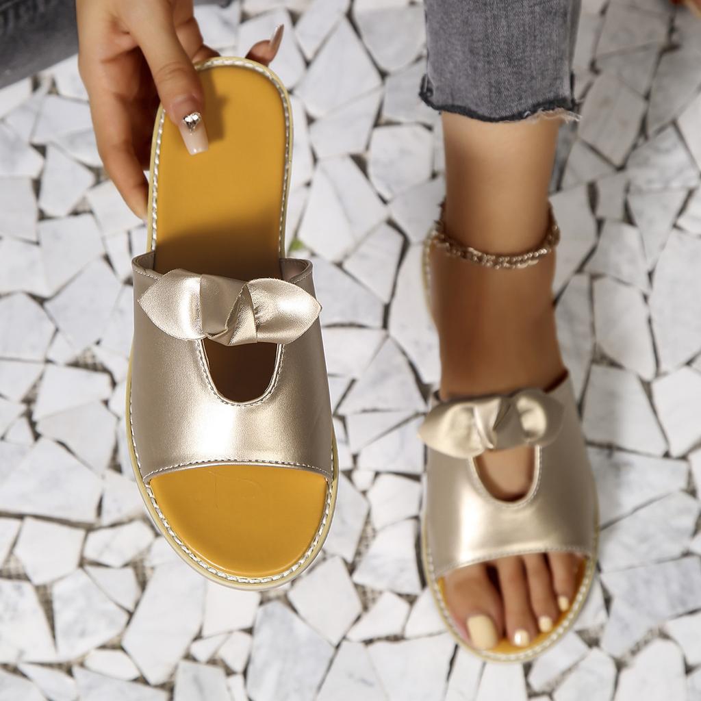 2025 Summer New Arrival Plus Size Women's Shoes Casual Solid Color Bow Stitching Thong Sandals