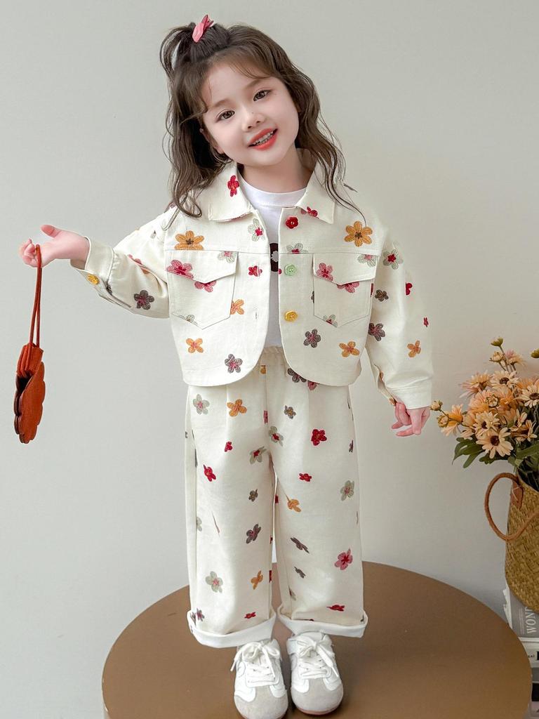 2025 Herbst Mädchen Off-White Denim-Set mit kleiner Blumenstickerei - Koreanischer Stil Zweiteiler für den Kindergarten
