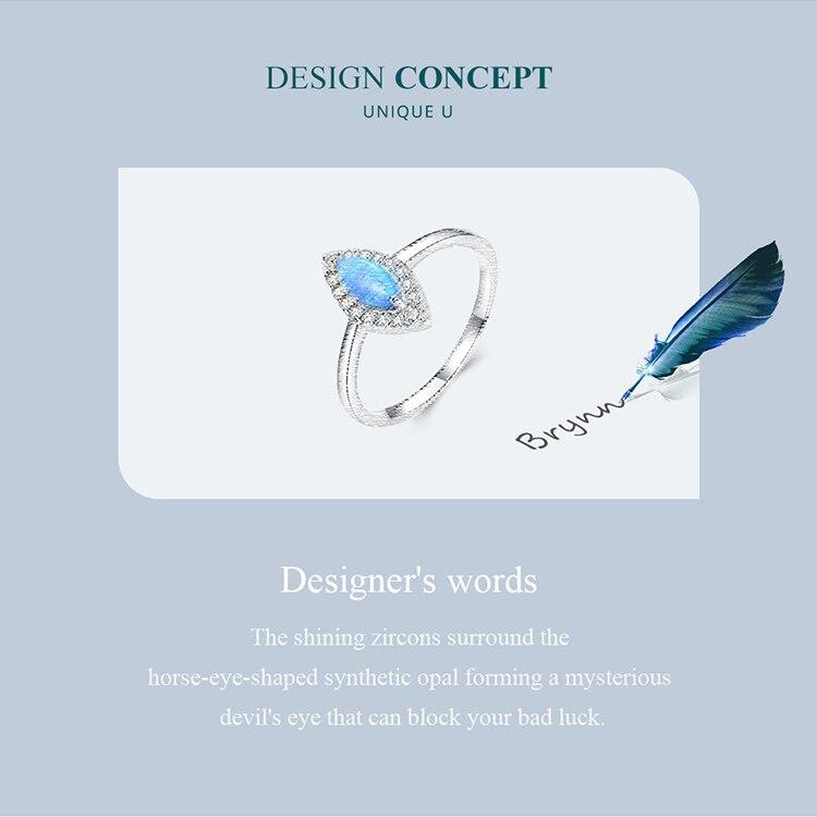 BAMOER 925 Sterling Silver Blue Synthetic Opal Devil's Eye Finger Ring Cubic Zirconia for Women Anniversary Gift Jewelry