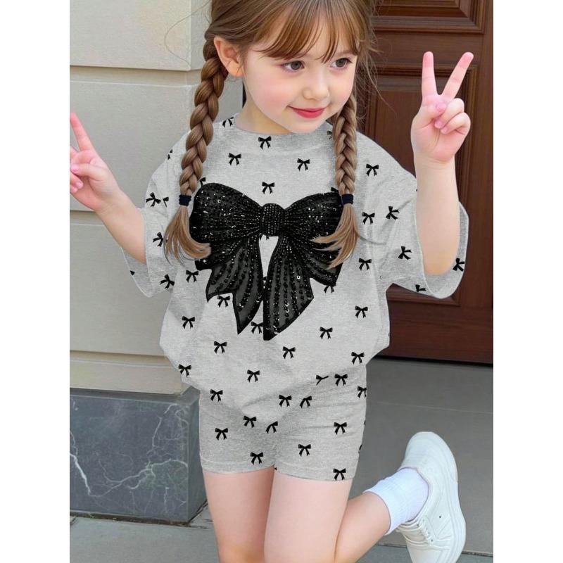 2-teiliges Sommer-Kinder-Freizeit-Sport-Trend-Set mit 3D-Musterdruck, Rundhals-T-Shirt und Shorts