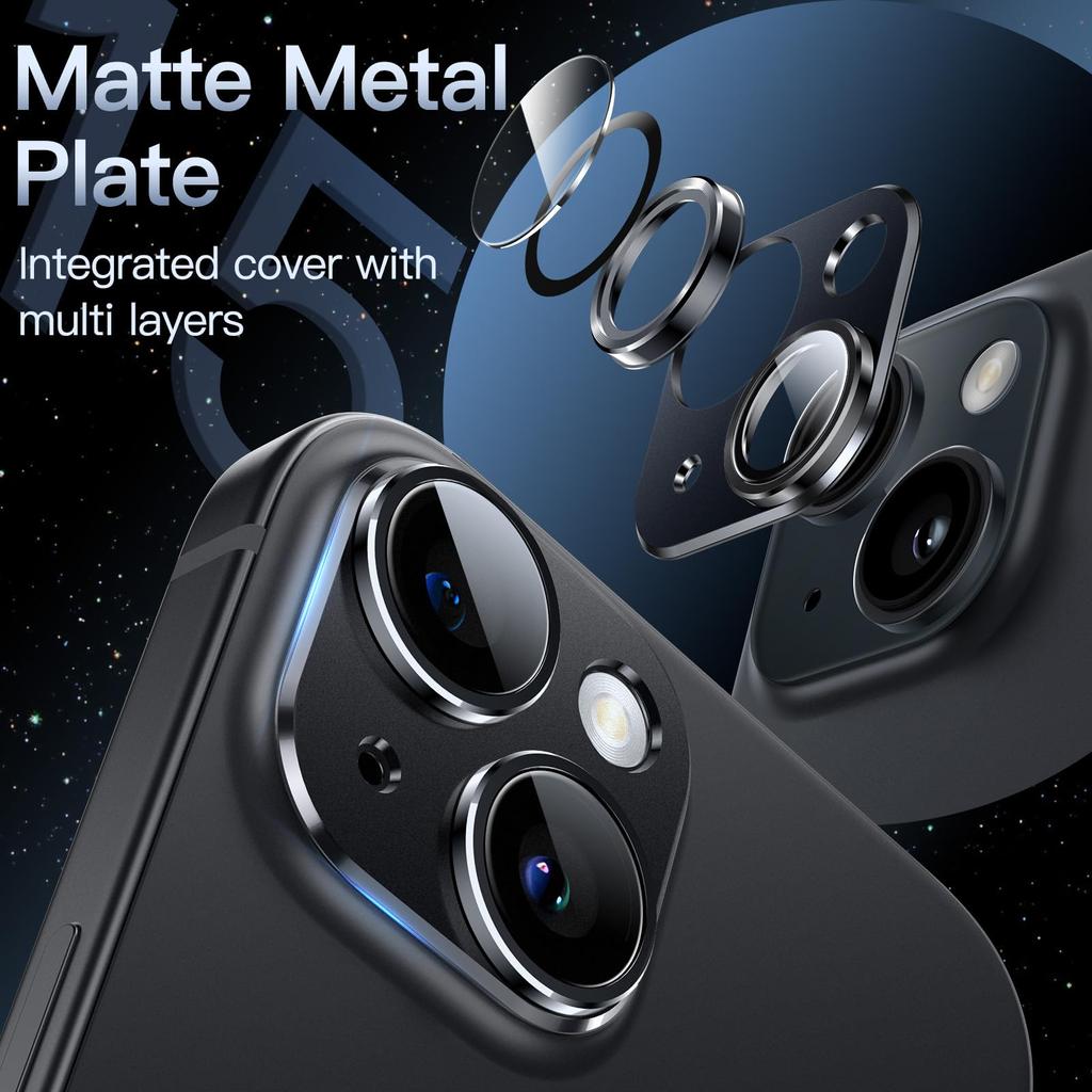 JEDirect Camera Lens Film for iPhone 15 15 Plus Inch Full Protection 9H Tempered Glass Ring Cover Matte Metal Plate No Interference with Case 1 Piece