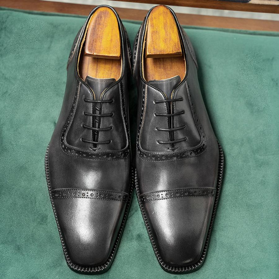 [Cowhide inner lining] Business formal British men's shoes small square head high-end cowhide leather shoes men's gray Oxford shoes
