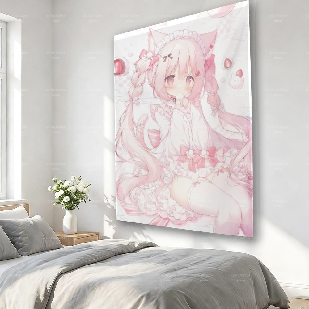 Anime Cute Cat Girl Wall Tapestry Hippie Flower Art Wall Hanging for Dorm Bedroom Decor