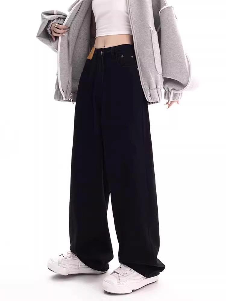 2024 Women's High-Waisted Black Straight-Leg Jeans for Spring and Autumn - Pear-Shaped Figure, Plus Size, Loose Fit