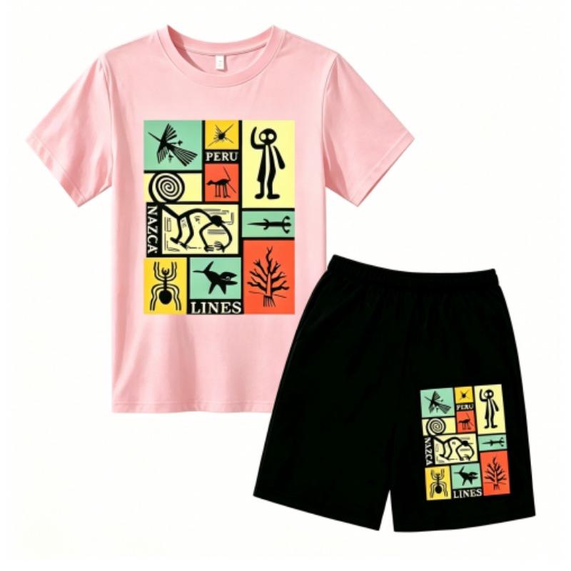 Fashion Retro Mysterious Runes Print Outdoor Street Kids T-shirt and Shorts Summer Home Casual Outfit Boy and Girl's Sports Set