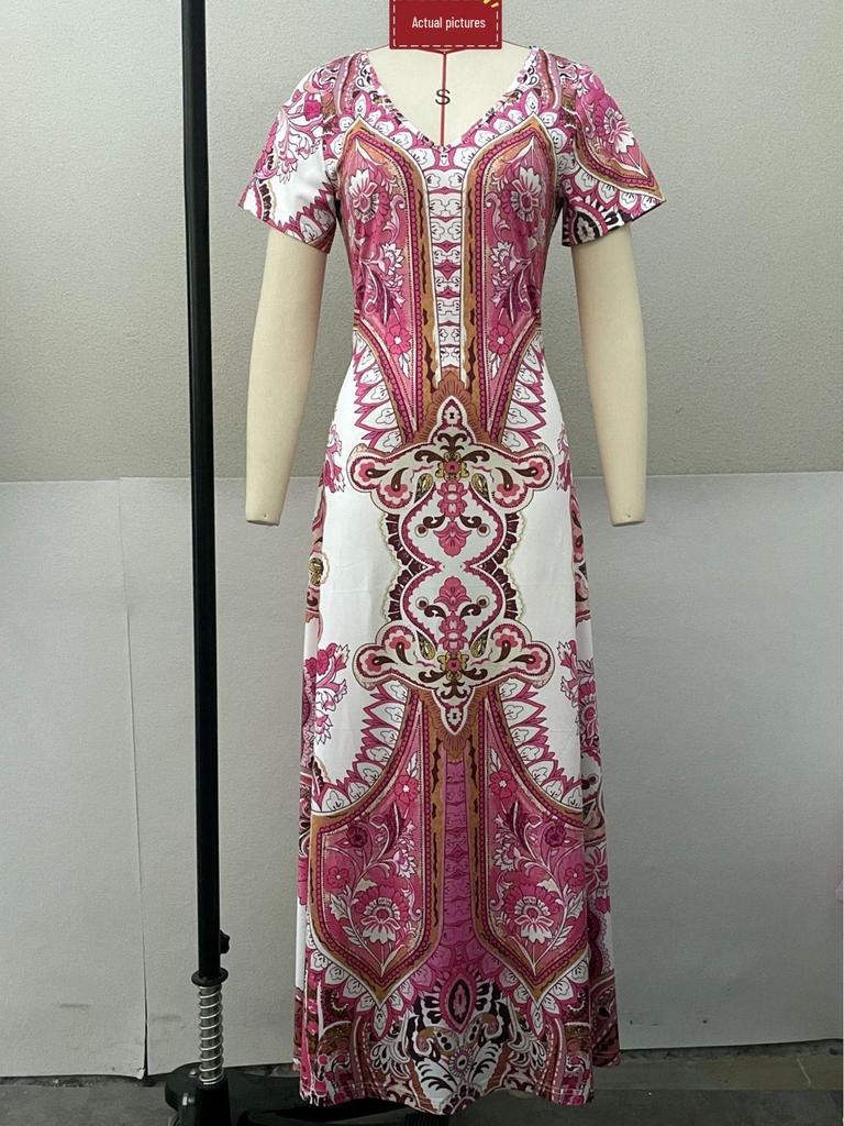 Böhmisches Langarm-A-Linien-Kleid mit V-Ausschnitt und kurzen Ärmeln