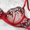 Red Butterfly Embroidered Perspective Lace Erotic Underwear Set, Women's Gathering Bra Thong Two-piece Set