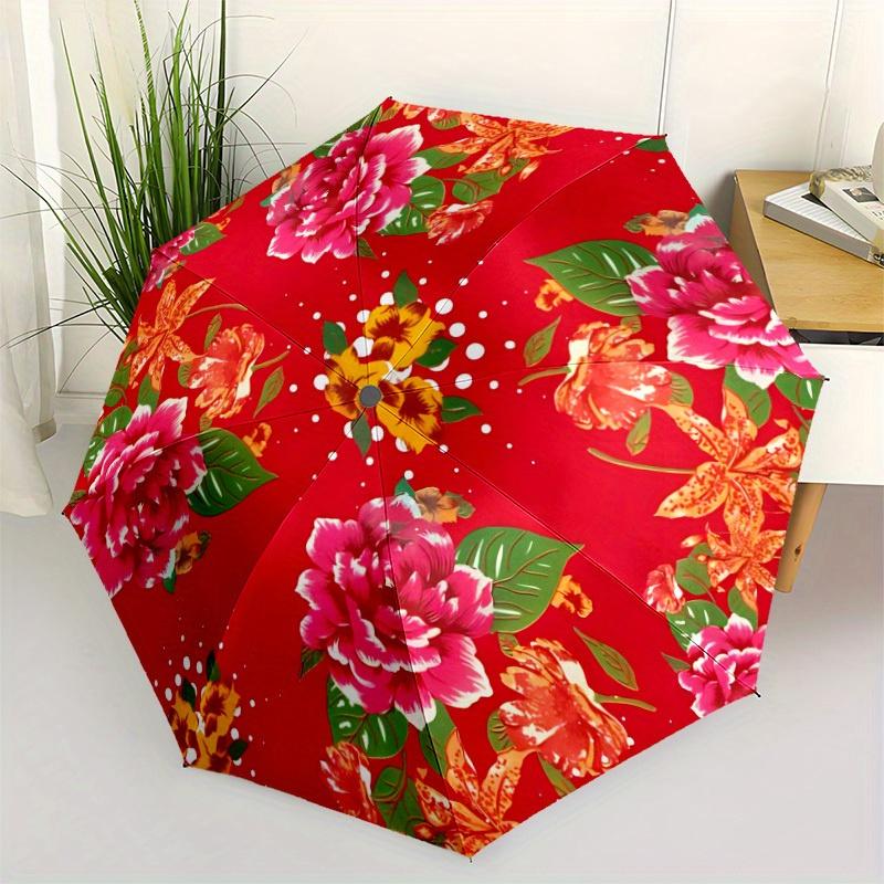 1pc Floral Fabric Automatic Folding Umbrella - 8-Rib Iron Frame, Windproof, Portable Sunshade with Plastic Handle for Travel & Outdoor Activ