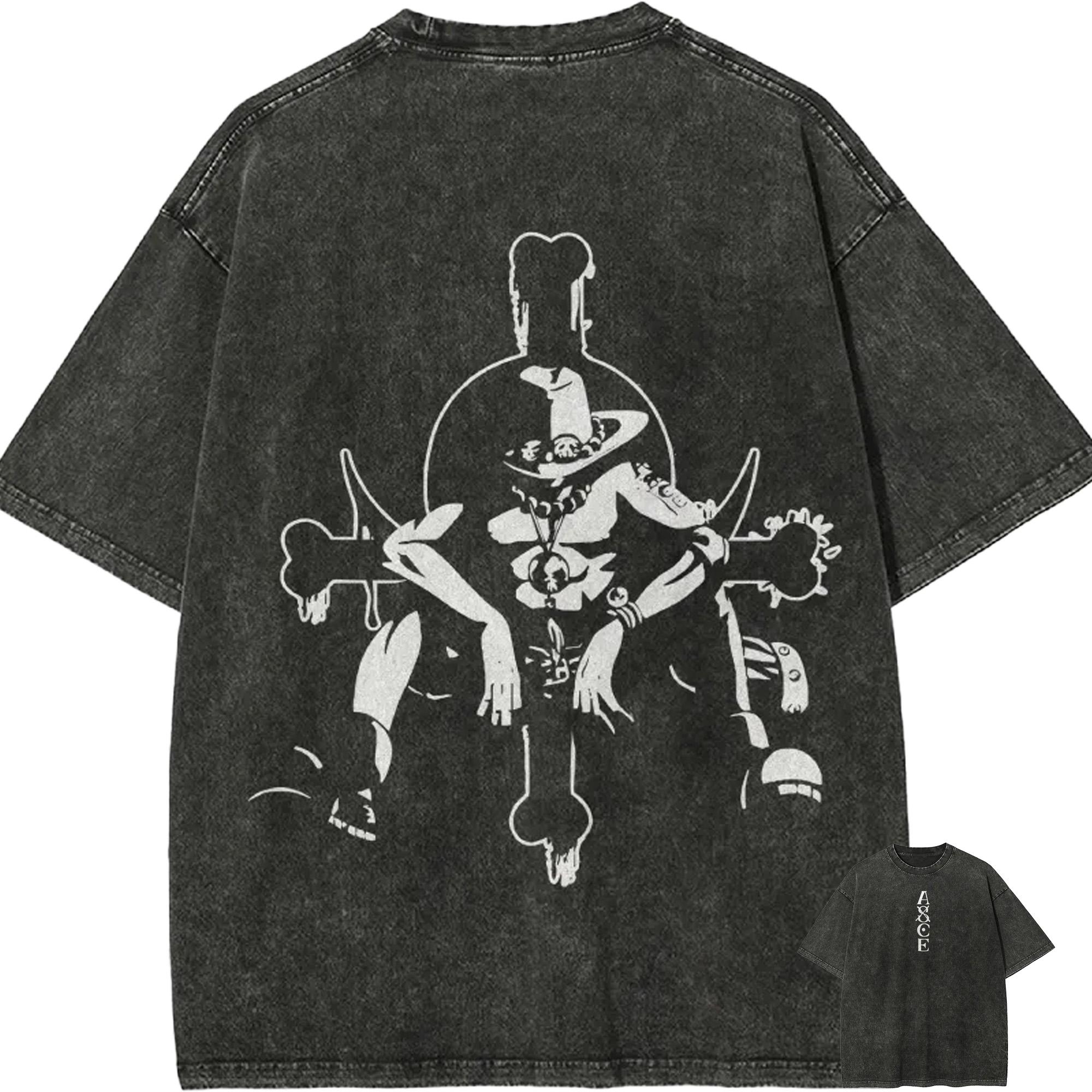 Ace T Shirt Men Acid Wash Anime One Piece Fire Fist Back Graphic Cotton Vintage Gym Streetwear Whitebeard Logo ASCE Print Tee M