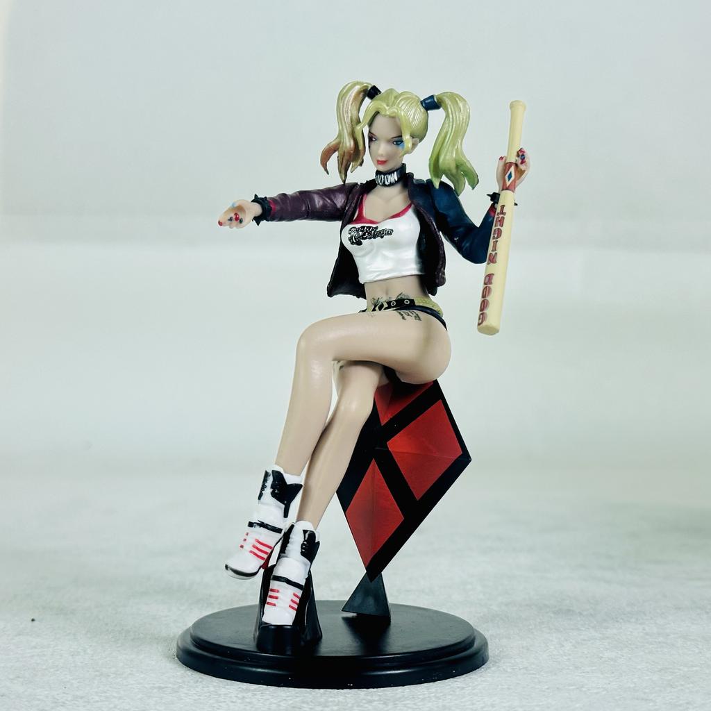 Harley Quinn Figure Birds of Prey Sitting Pose With Baseball Bat Anime Figurine Collectible Decor Leather Jacket Diamond Base