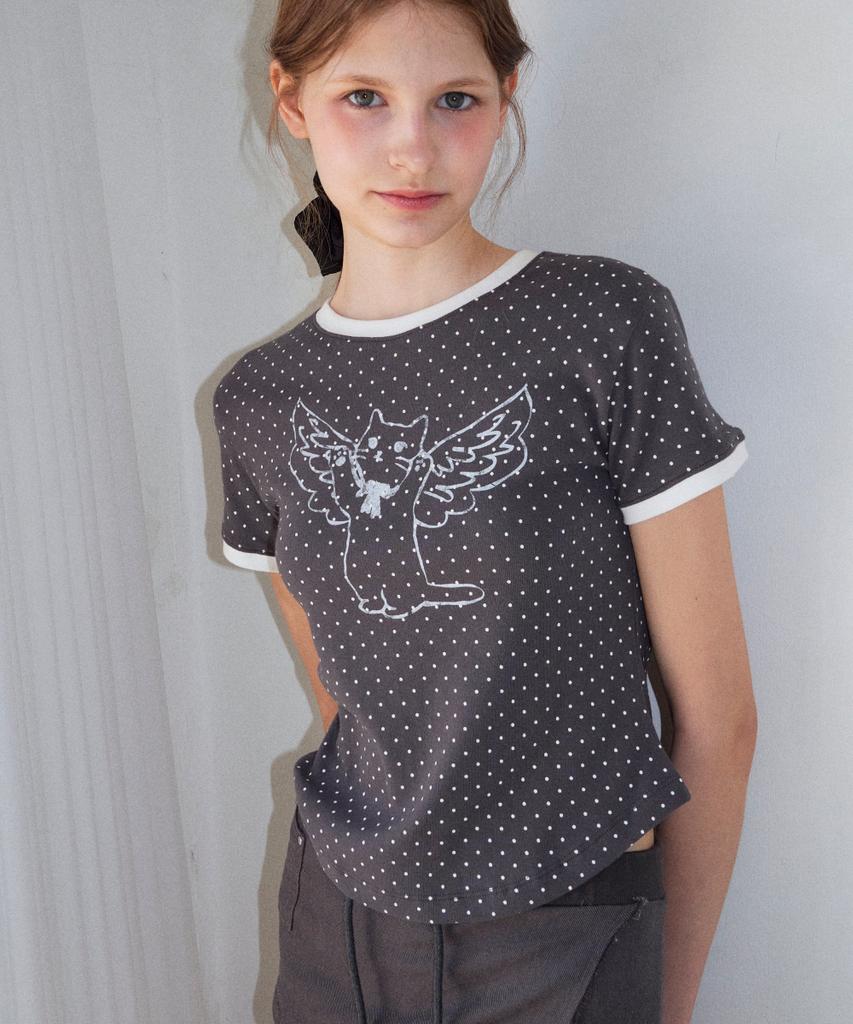 Loginaenloji Angel Cat Dot Ringer T-Shirt Charcoal Gray