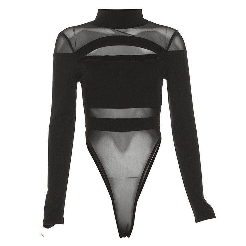 

Trendy Sexy Style Hollow-Out Mesh Long-Sleeve Base T-Shirt for Women, Autumn and Winter, Figure-Flattering Versatile Bodysuit Black S