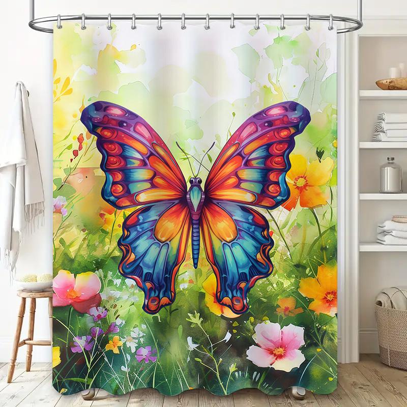 Vibrant Butterfly Garden: Colorful Floral Shower Curtain for a Lively and Nature-Inspired Bathroom Décor