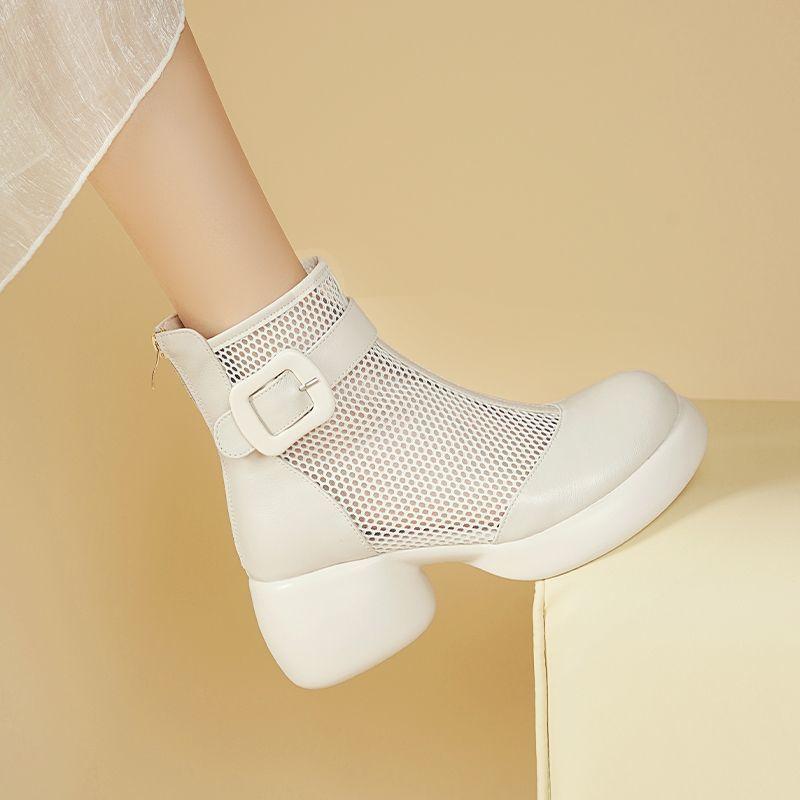 Real soft leather mesh short boots thick-soled hollow women's shoes 2025 new boots thin breathable soft-soled mesh boots A15