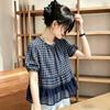 Premium plaid short-sleeved shirt women's summer new loose foreign style ruffle edge doll shirt top A
