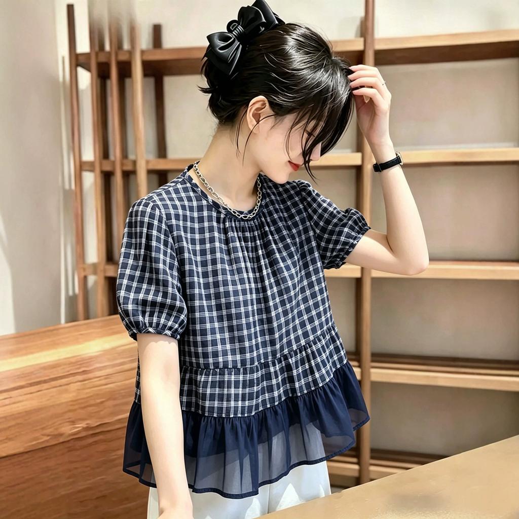 Premium plaid short-sleeved shirt women's summer new loose foreign style ruffle edge doll shirt top A