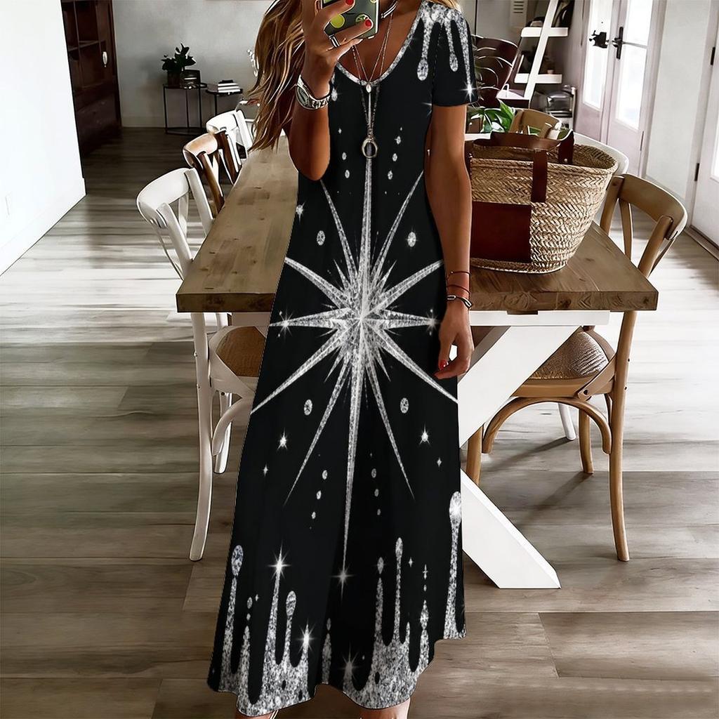 Women Plus Size V Neck Short Sleeve Black Gold Printed Long Straight Maxi Dress