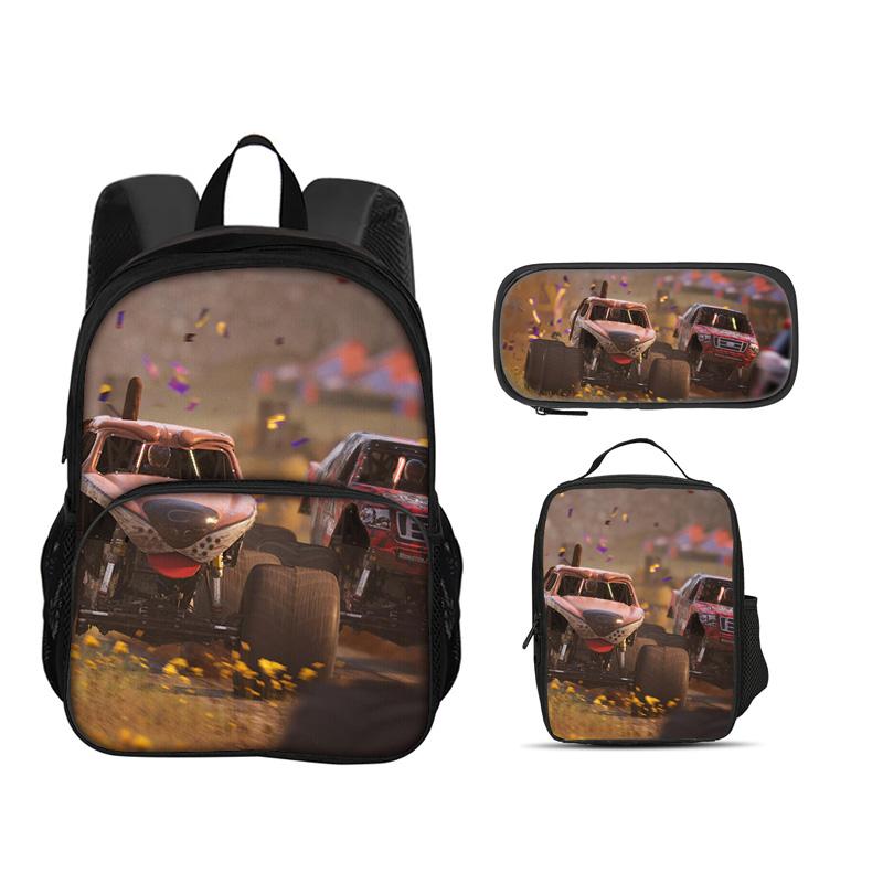 Monster Jam Round Front Bag Backpack Pen Bag Ice Bag 3Pcs Set Cartoon Print Student's Best Campus Companion Birthday Gift