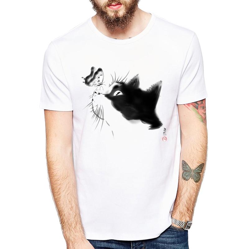 

New Arrival 2022 mens Curious Cat Print T Shirt Watercolor black cat butterfly pattern Harajuku Print Short Sleeve Tops S